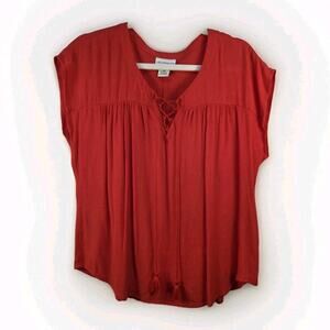 Liz Claiborne Women's Petite Medium Cap Sleeve Top Burnt Orange Tassel Lace Tie